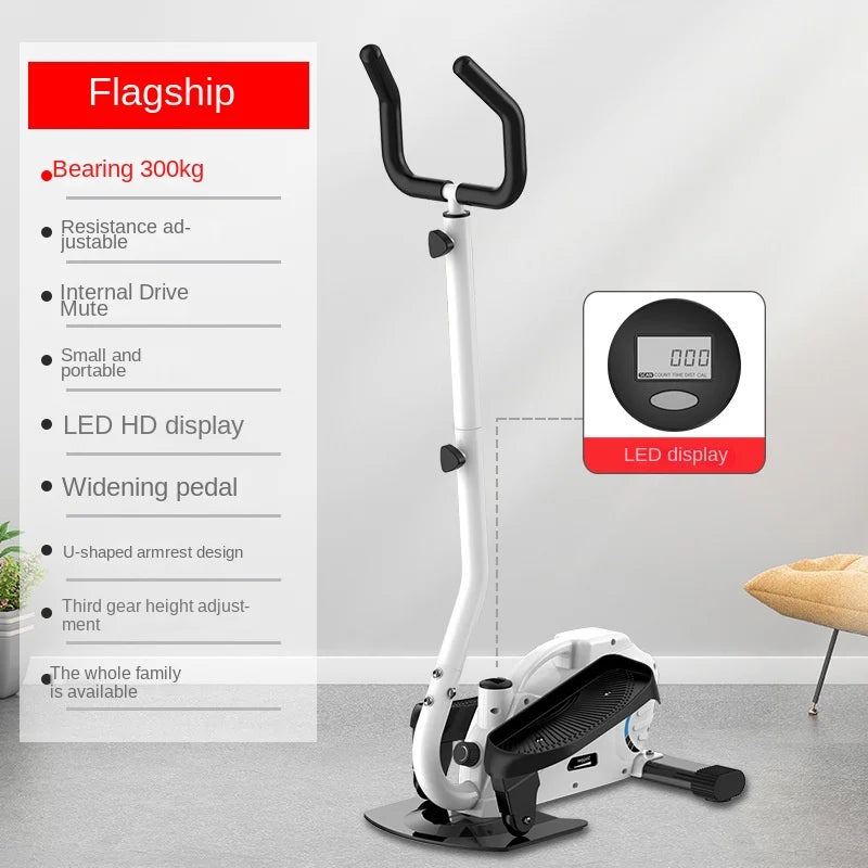 White elliptical trainer with digital display on a gray floor, featuring text on fitness benefits.