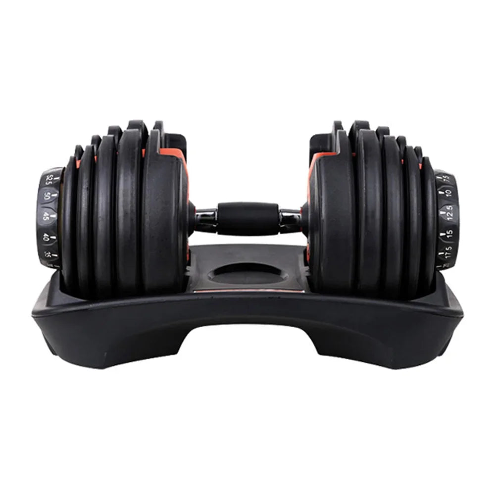 Pair of adjustable dumbbells on a white background