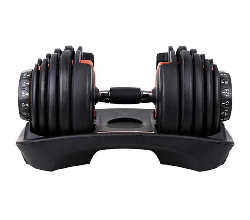 Pair of adjustable dumbbells on a white background