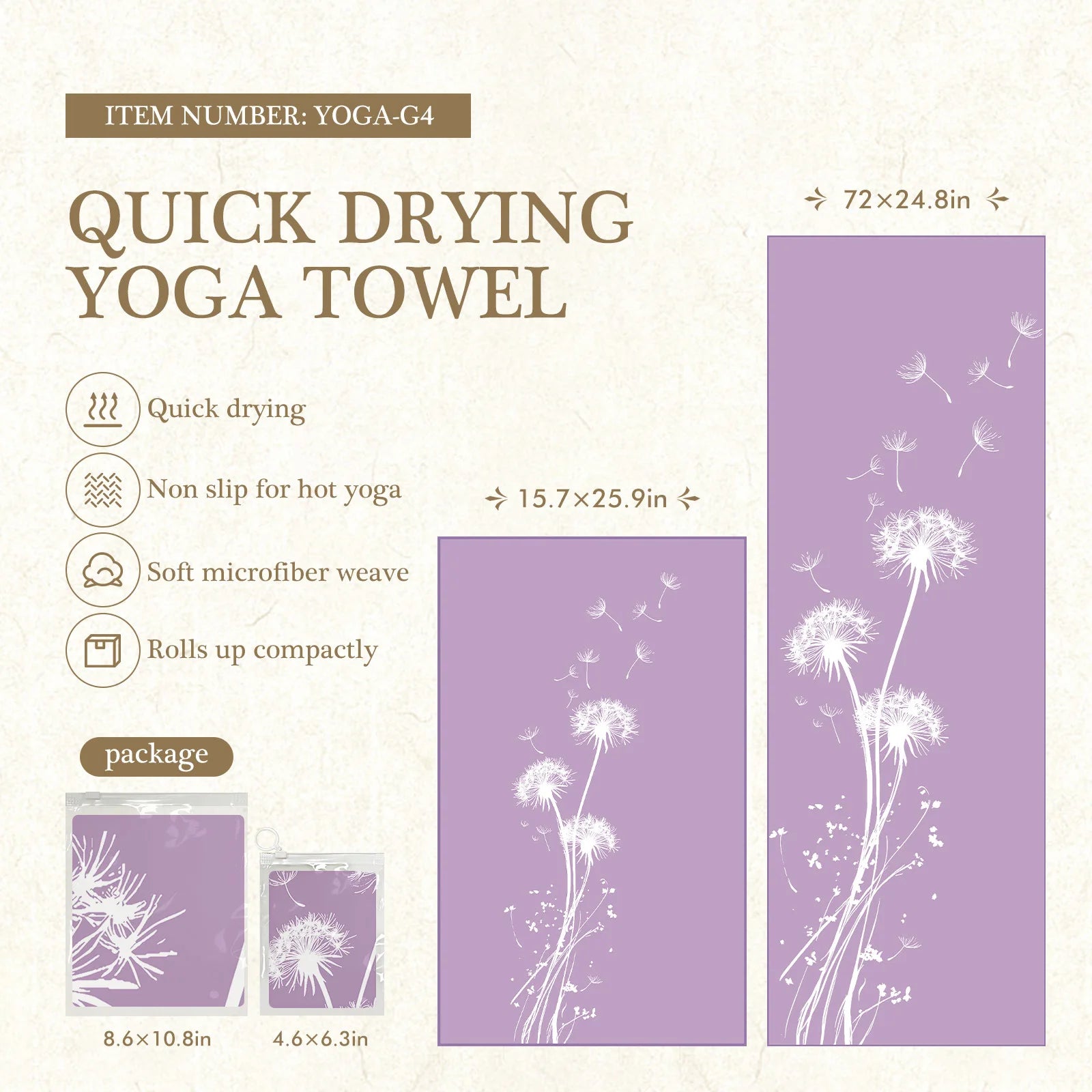 Quick drying yoga towel with dandelion design on a white background