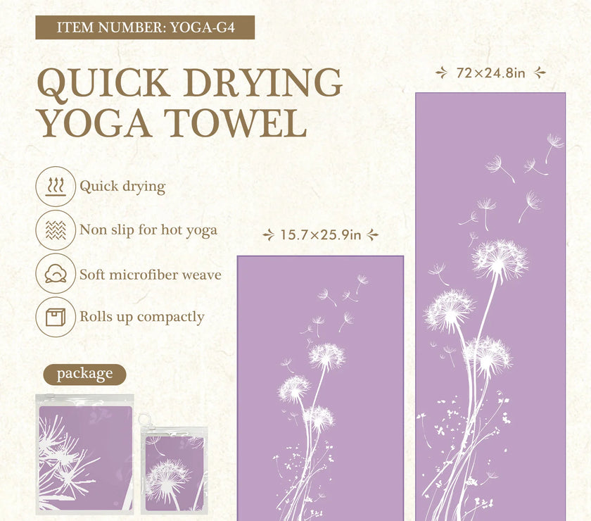 Quick drying yoga towel with dandelion design on a white background