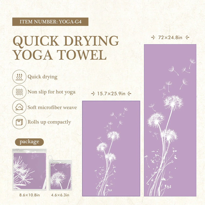 Quick drying yoga towel with dandelion design on a white background