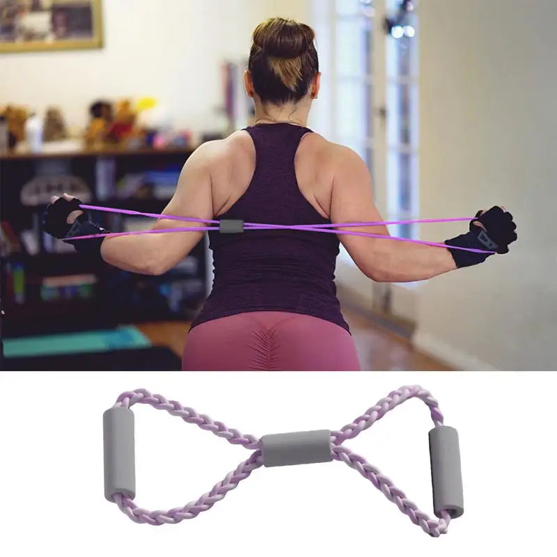 Woman exercising with a resistance band in a home setting, followed by a close-up of the resistance band.