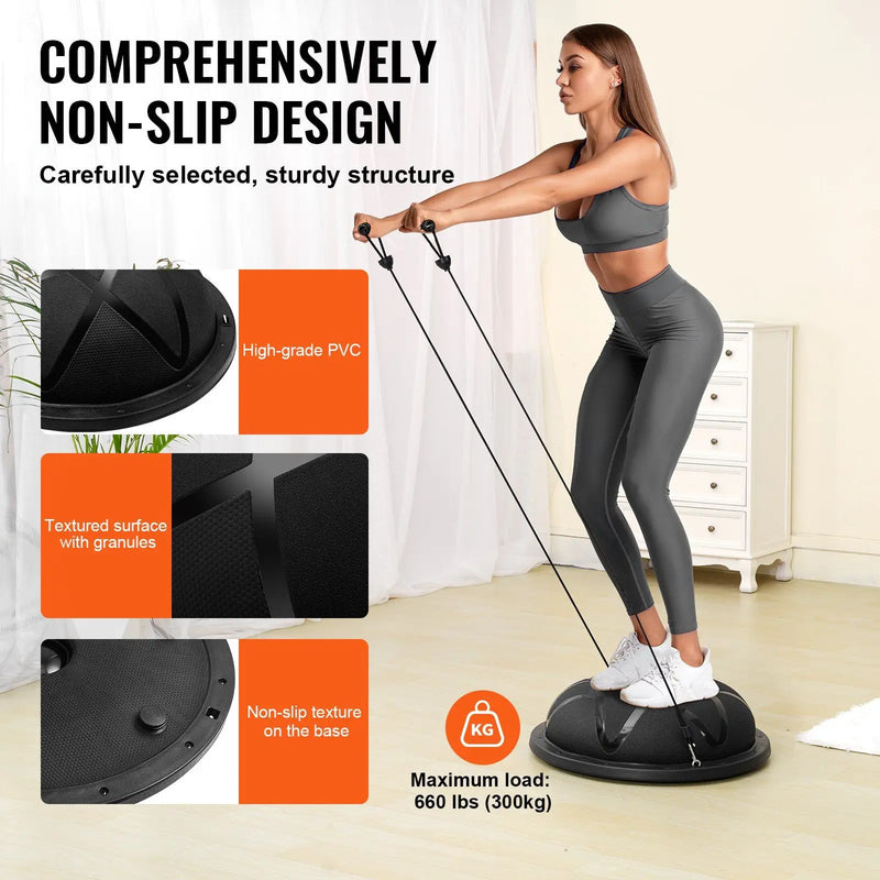 Woman using a resistance band trainer with product features highlighted on a white background