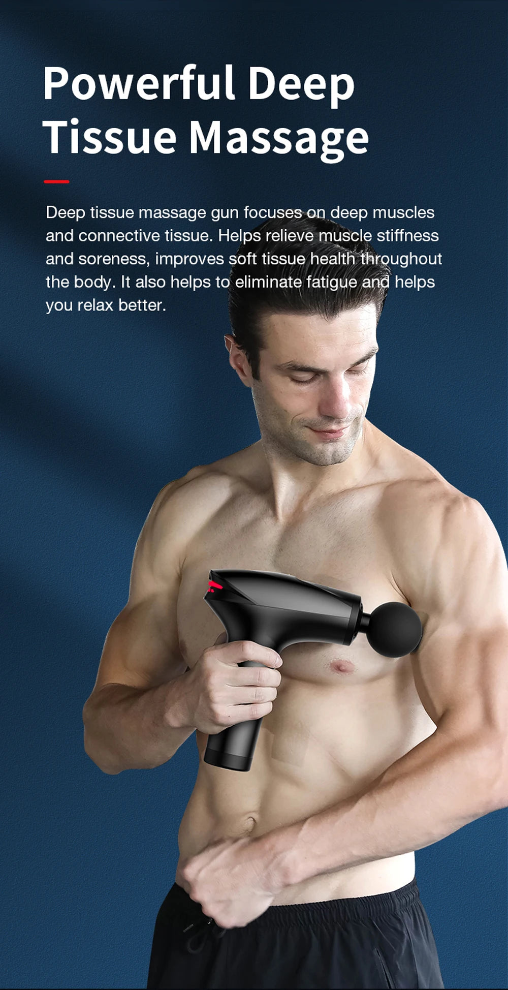 Man using a deep tissue massage gun with text about its benefits on a blue background