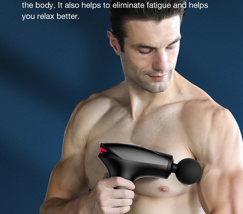 Man using a deep tissue massage gun with text about its benefits on a blue background