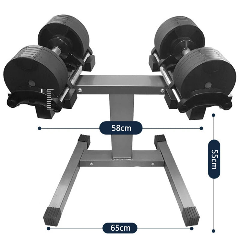 Dumbbell stand with dumbbells and measurements on a white background
