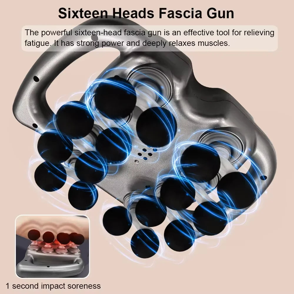 Fascia gun with sixteen heads on a beige background, featuring text about its effectiveness.