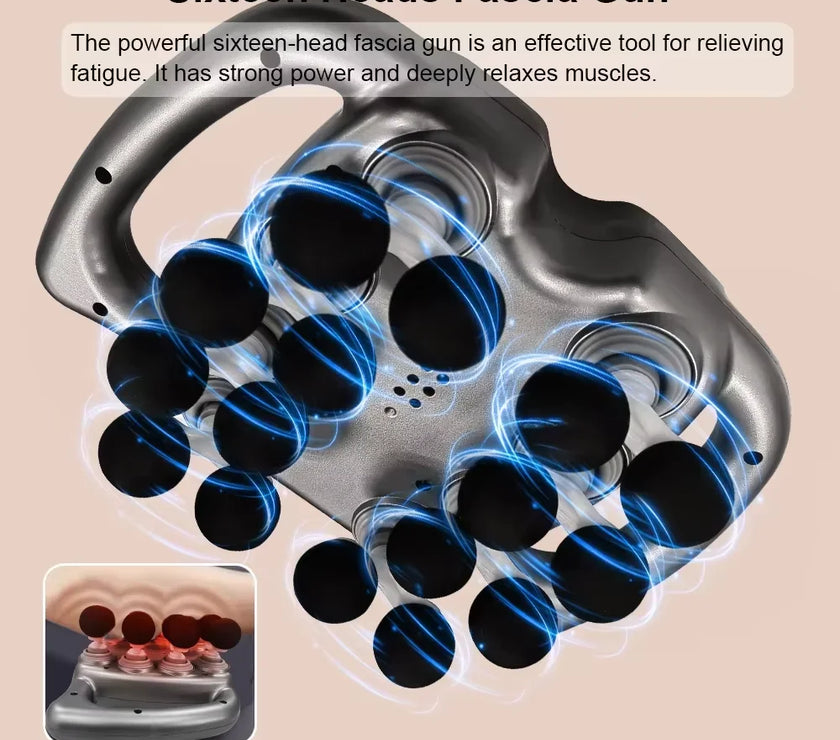 Fascia gun with sixteen heads on a beige background, featuring text about its effectiveness.