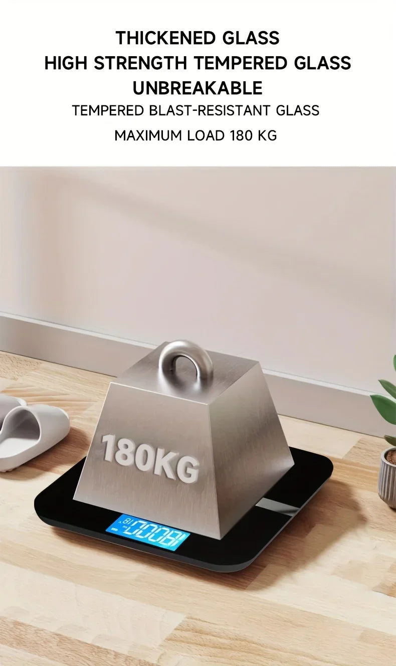 Glass weight on a digital scale with text about glass strength and load capacity.