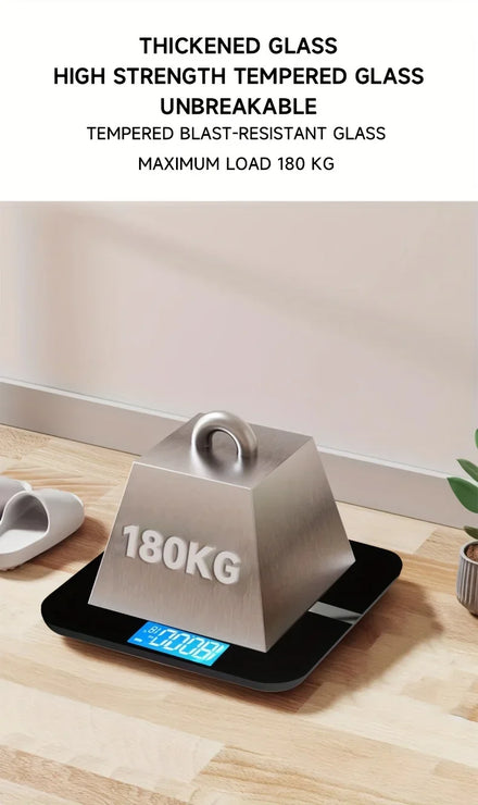 Glass weight on a digital scale with text about glass strength and load capacity.