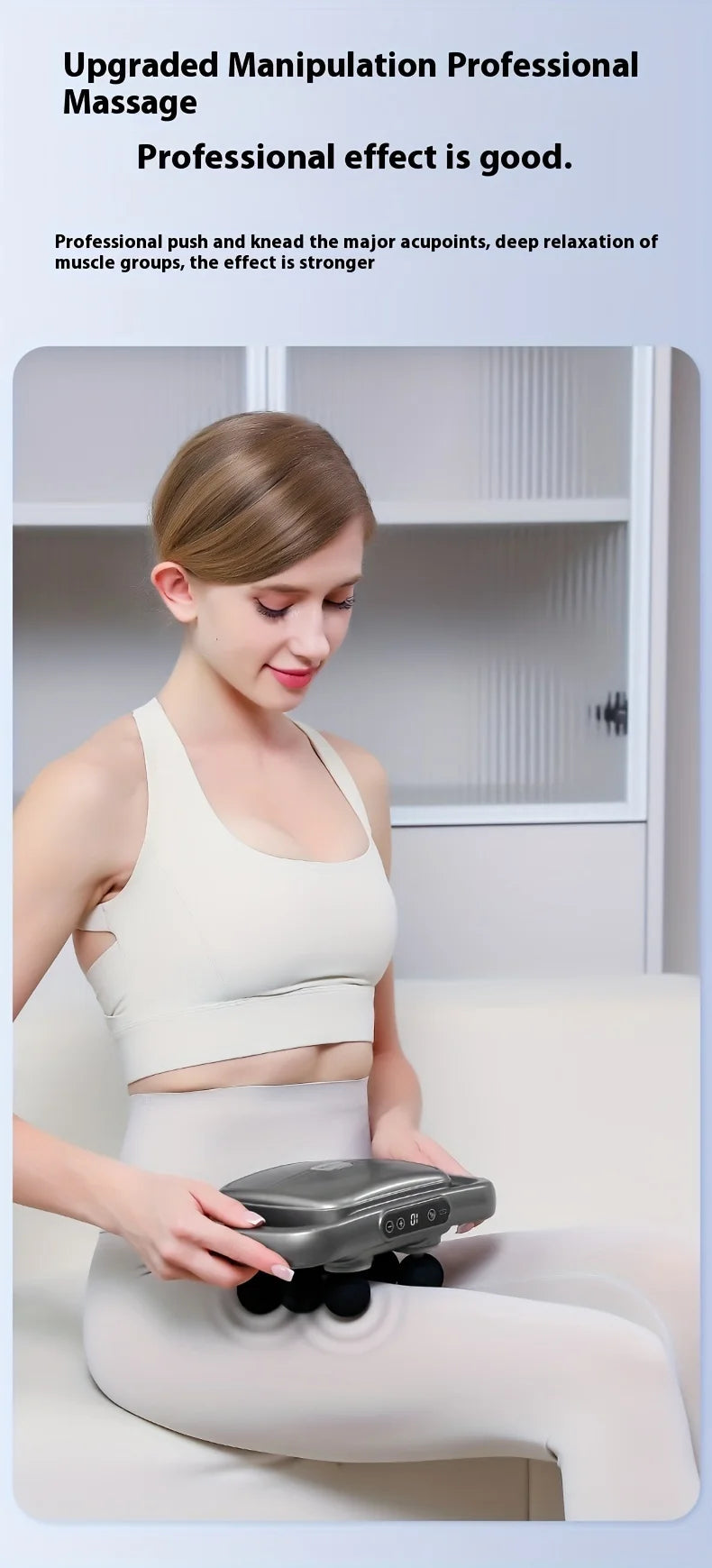 Woman using a handheld massage device on a white couch with text about professional massage effects.