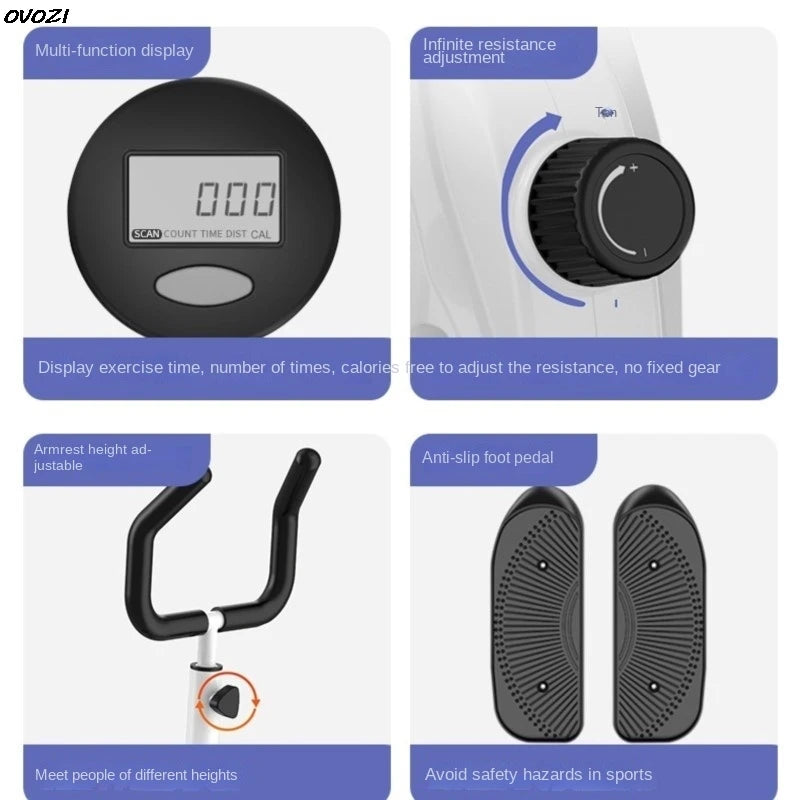 Product features of a resistance training machine with digital display, resistance adjustment knob, adjustable armrest, and anti-slip foot pedals.