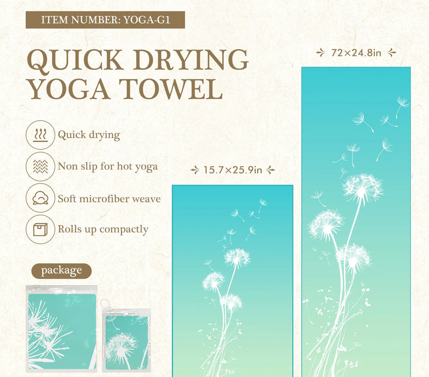 Quick drying yoga towel with dandelion design and product details on a white background