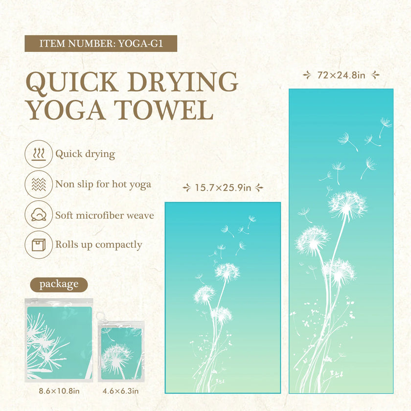 Quick drying yoga towel with dandelion design and product details on a white background