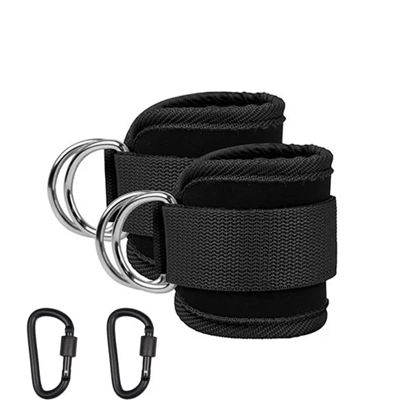An image showing a person using an ankle cuff with a resistance band, which is pink in color. The set includes additional bands and a black carrying case.