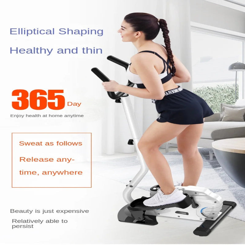 Woman exercising on an elliptical machine with promotional text about health benefits.
