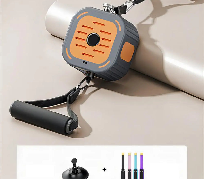 Retractable lanyard with a square orange and gray holder on a beige surface.