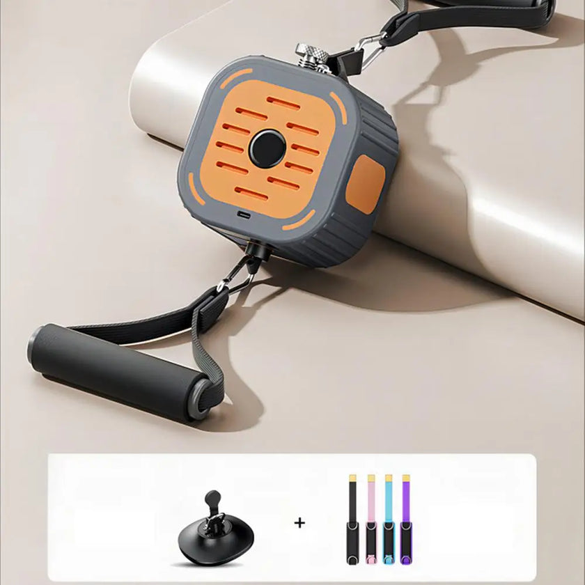 Retractable lanyard with a square orange and gray holder on a beige surface.
