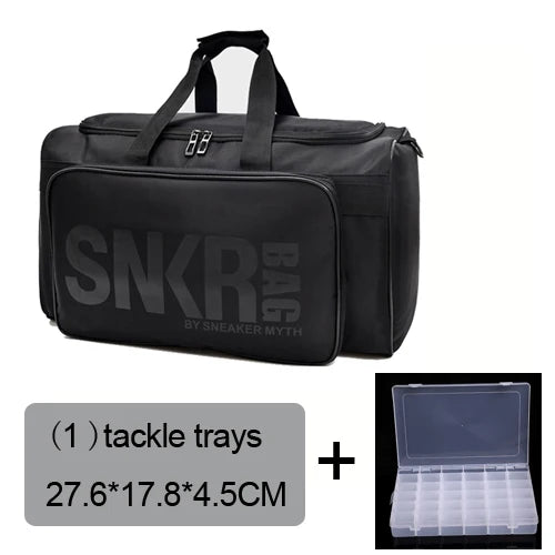A black multifunctional adjustable gym bag with the text 'SNKR BAG' on the side, being worn by a person against a tropical backdrop, and an inset image showing the interior compartments filled with sneakers and clothing.
