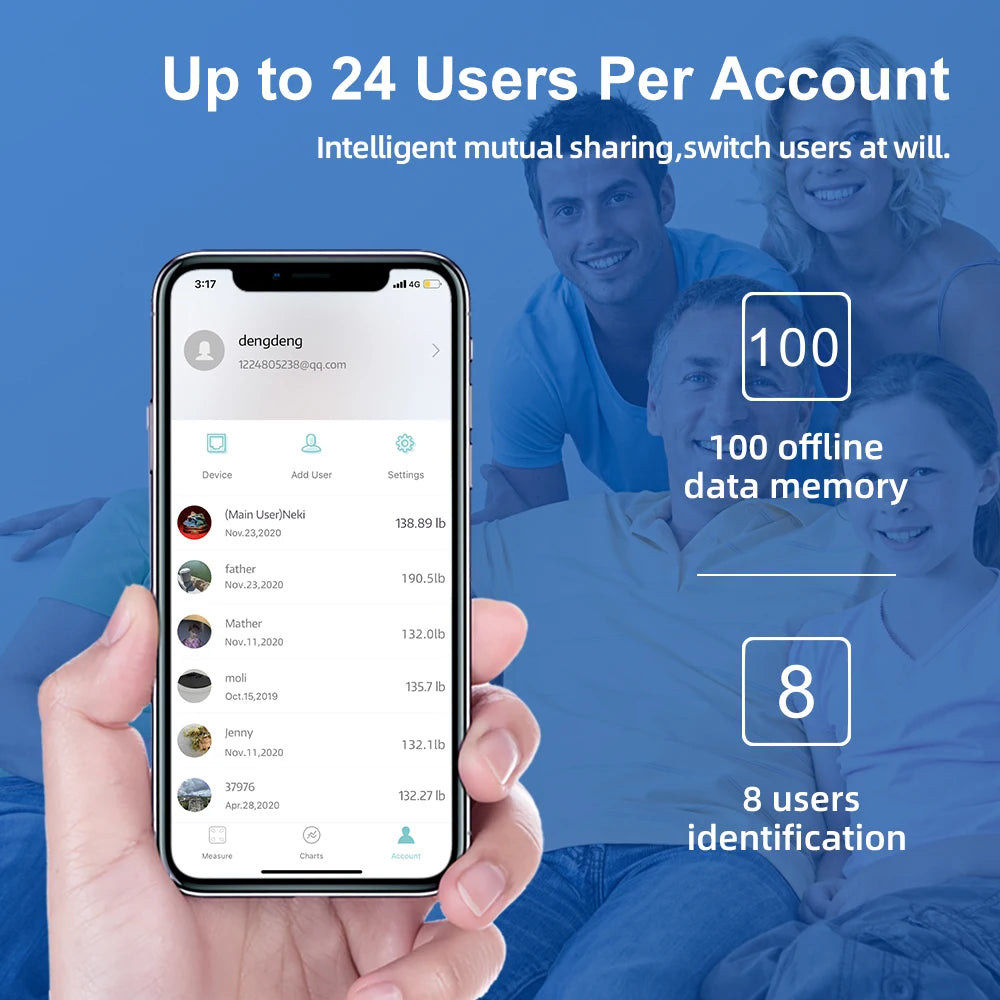 Phone screen displaying app features with a family in the background, emphasizing user account sharing.