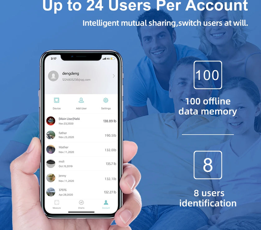 Phone screen displaying app features with a family in the background, emphasizing user account sharing.