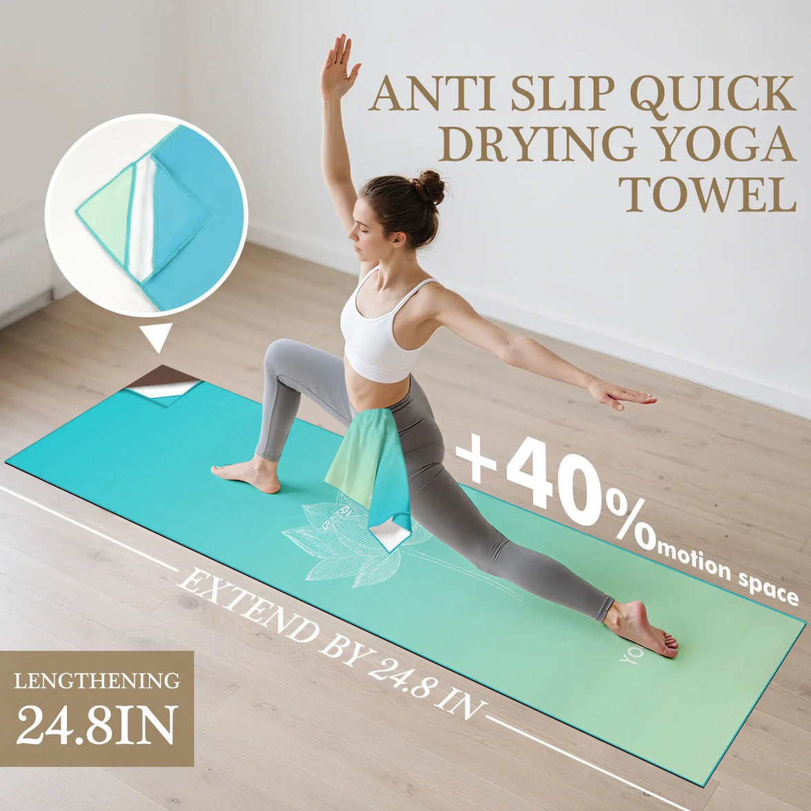 Woman practicing yoga on an anti-slip quick-drying yoga towel with product details displayed.