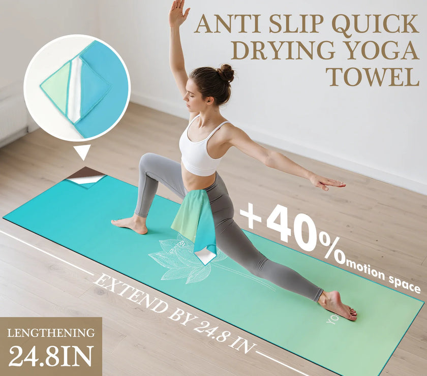Woman practicing yoga on an anti-slip quick-drying yoga towel with product details displayed.
