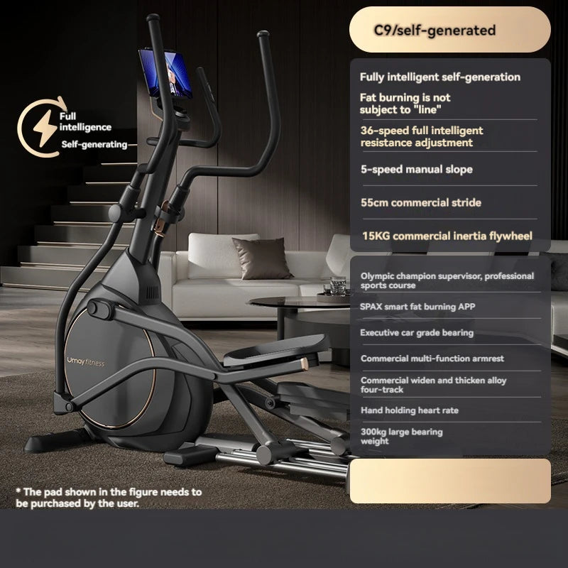 Elliptical machine with 24-speed electric slope, 36-speed resistance adjustment, and a 55cm large step distance. Features a front wheel drive system and is marketed as a commercial-grade, self-generating device.