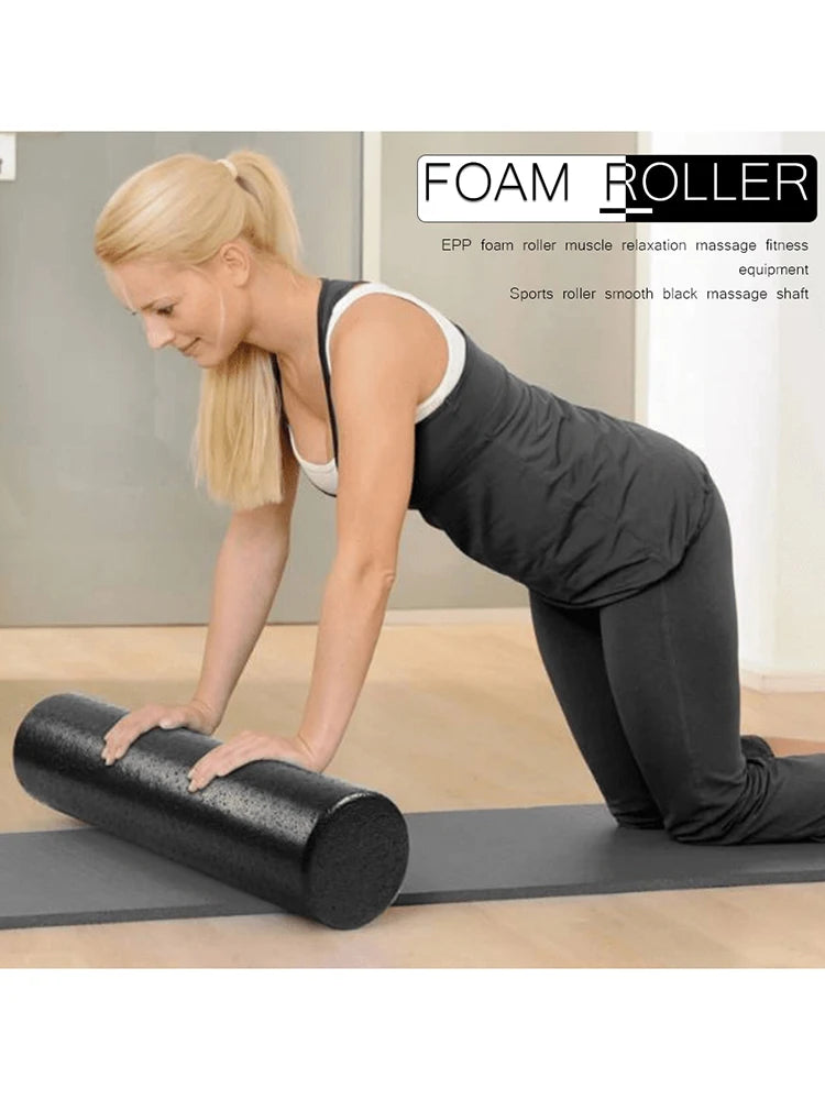 Woman using a foam roller on a mat with text 'Foam Roller' above.