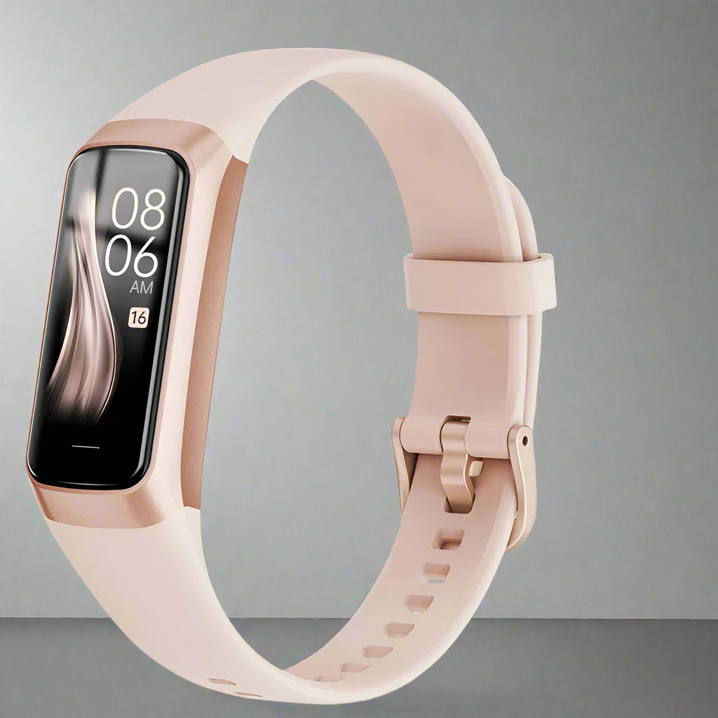 Rose gold fitness tracker with digital display and various feature icons on a white background