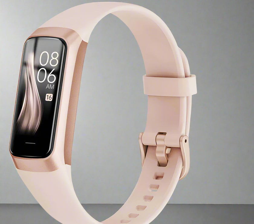 Rose gold fitness tracker with digital display and various feature icons on a white background
