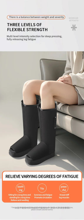 Person wearing black knee-high boots with text about flexible strength and fatigue relief.