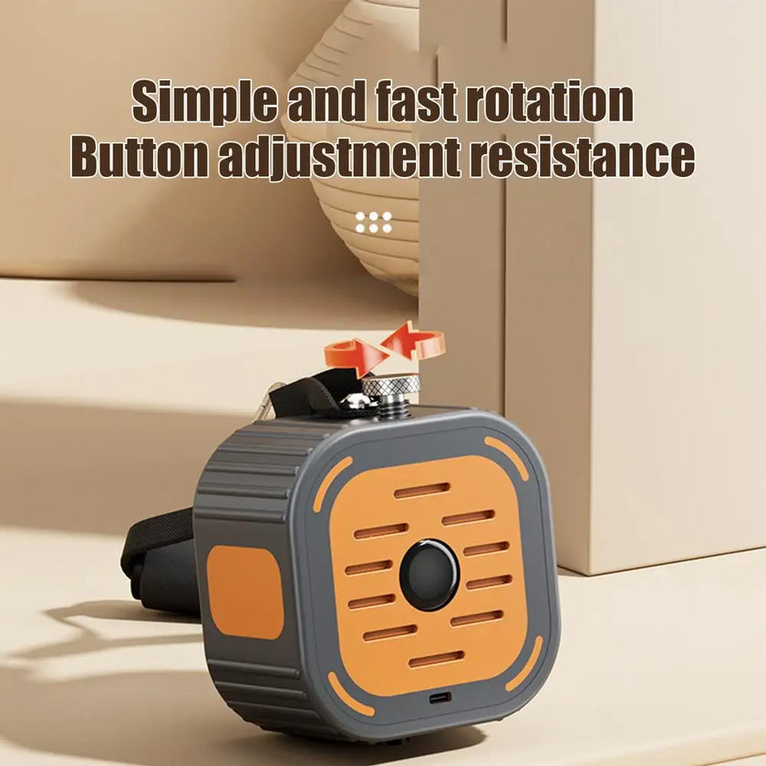 Small device with orange and gray design on a beige surface, text about rotation and button adjustment resistance.