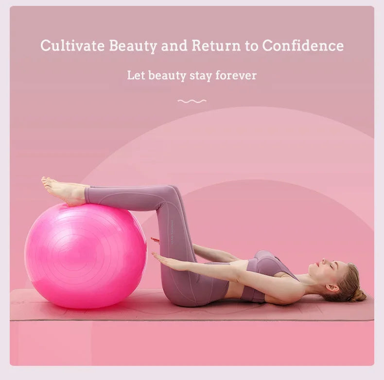 Person lying on a pink exercise ball with text about beauty and confidence on a pink background