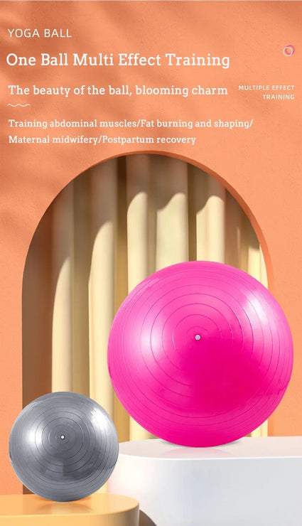 Pink and gray exercise balls on a peach-colored background with text about yoga ball benefits.