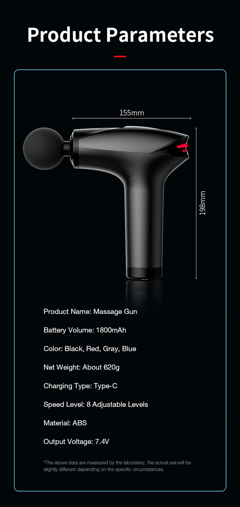 Massage gun with product parameters on a black background