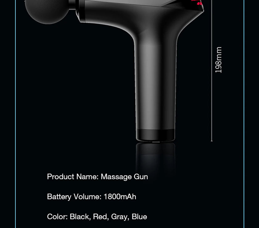 Massage gun with product parameters on a black background
