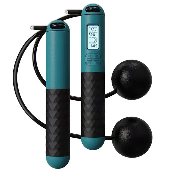 Teal and black jump rope with digital display on a white background