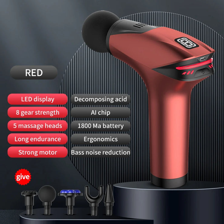Red massage gun with features listed on a dark background
