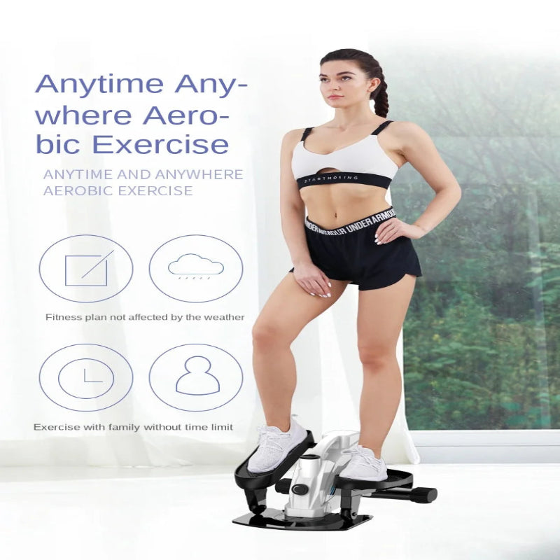 Woman using a step machine with promotional text about anytime, anywhere aerobic exercise.