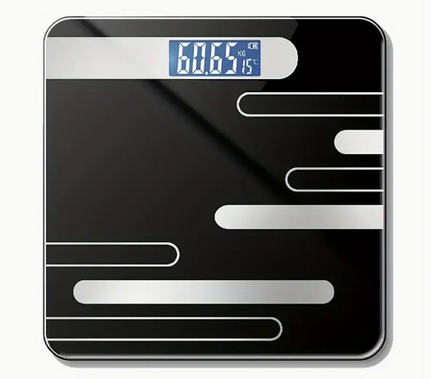 Digital bathroom scale with black surface and silver accents on a white background