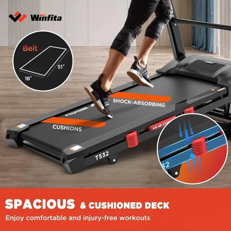 Folding Treadmills, 300LB Auto Inline Treadmill with 18''*50'' Wide Belt, 4.5HP Compact Treadmill with 15% Auto Incline