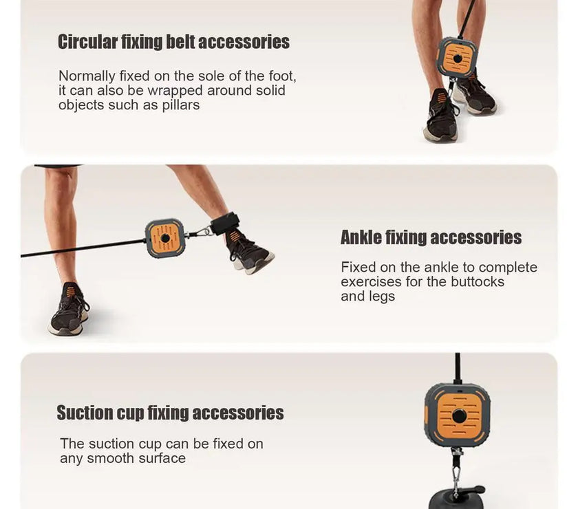 Exercising equipment with circular, ankle, and suction cup fixing accessories on a white background.
