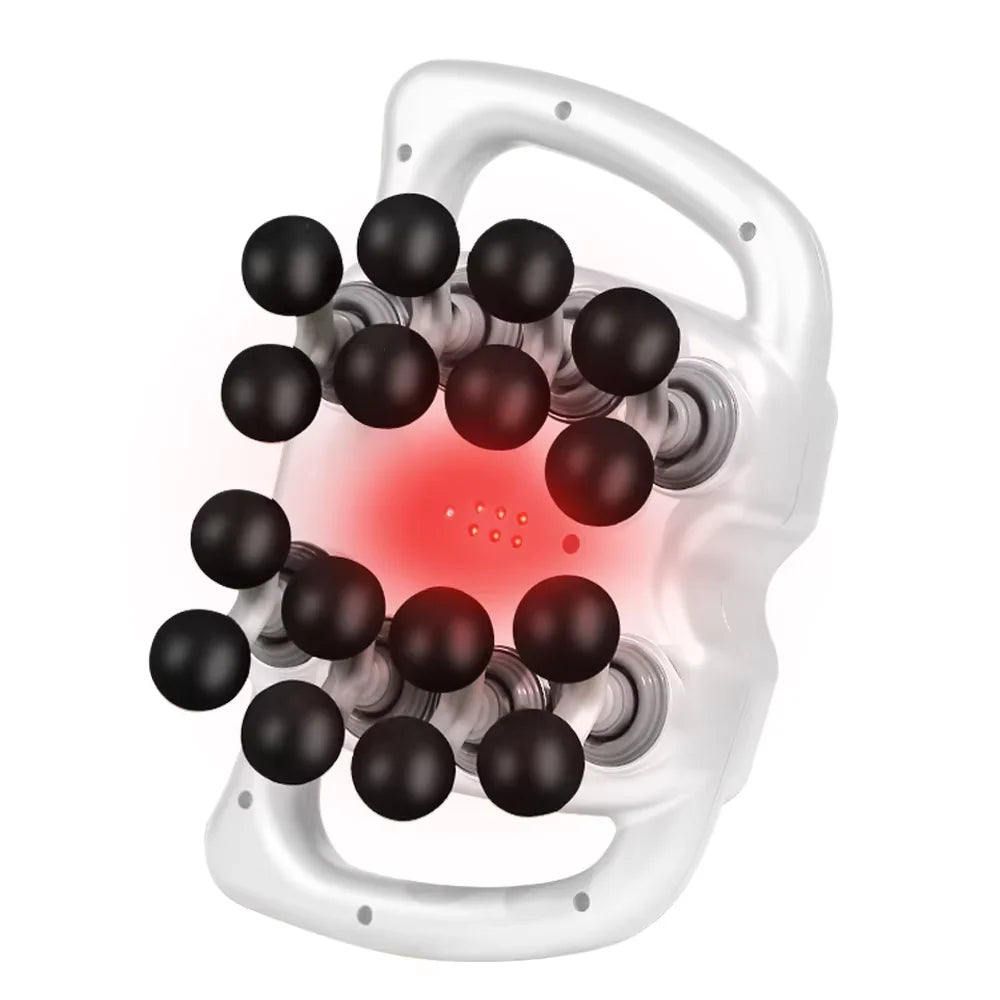 White handheld device with black beads and a red light on a white background
