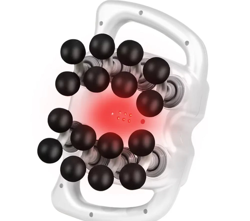 White handheld device with black beads and a red light on a white background