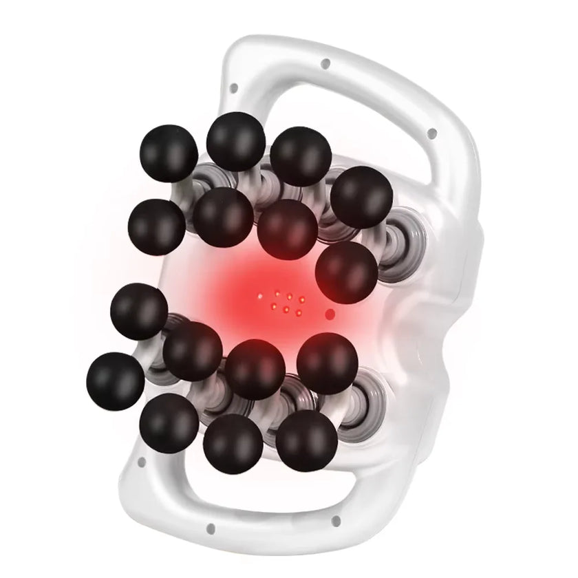 White handheld device with black beads and a red light on a white background