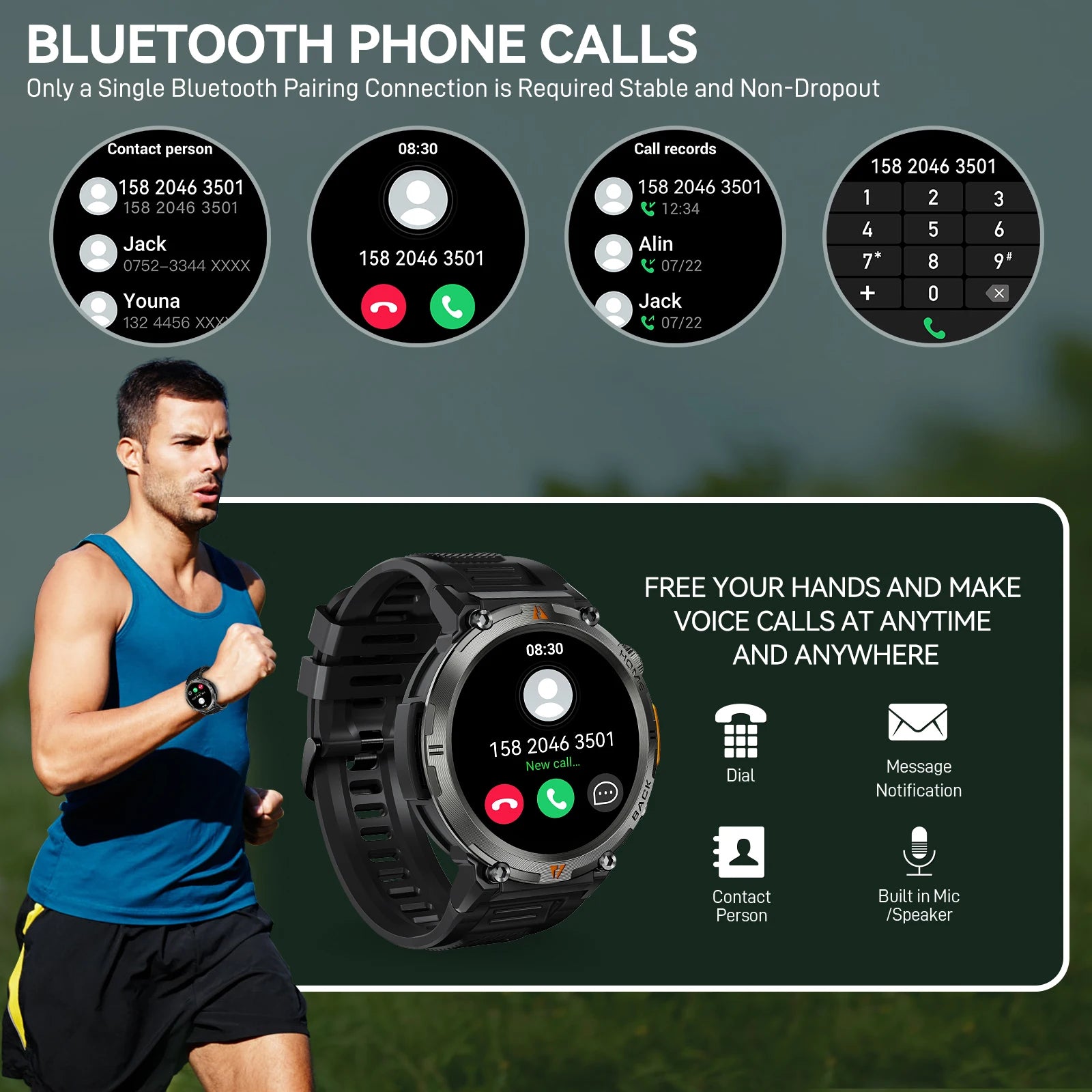 Smartwatch being used by a runner with phone call interface on screen