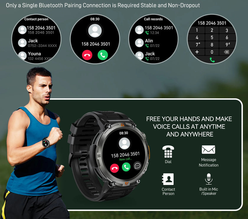 Smartwatch being used by a runner with phone call interface on screen