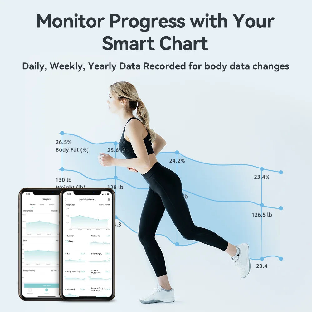 Woman running with smartphone displaying fitness app on a white background